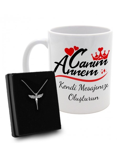 Anneler Gününe Özel Kişiye Özel Mesajlı Kupa & Gümüş Taşlı Melek Kolye
