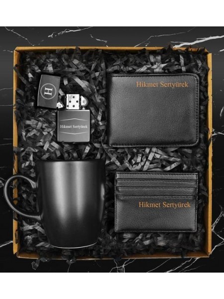 Siyah Kupa & Kişiye Özel Cüzdan & Kişiye Özel Kartvizitlik & Kişiye Özel Zippo Model Çakmak Seti